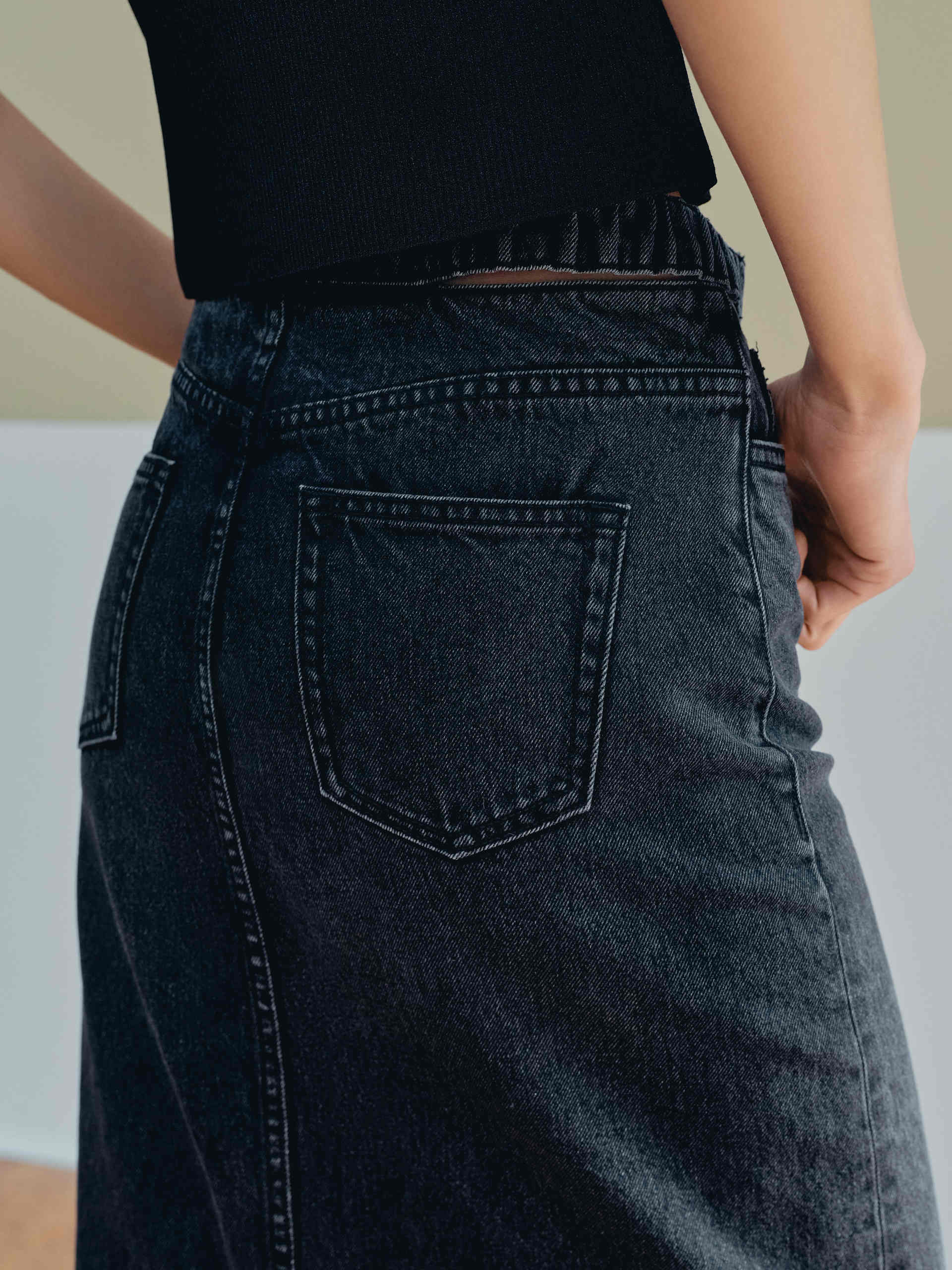 Slit Back Cut-out Waistband Details Black Denim Maxi Skirt