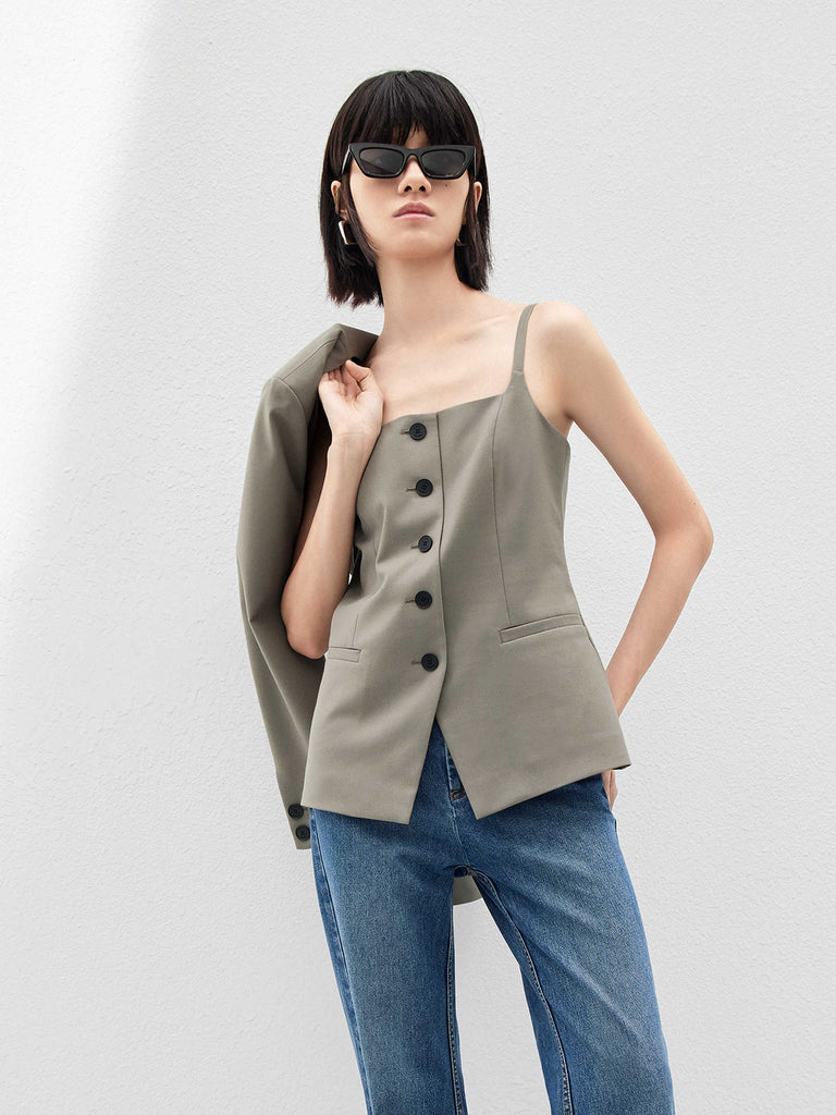 Two Piece Set Olive Slim Fit Blazer and Cami Top