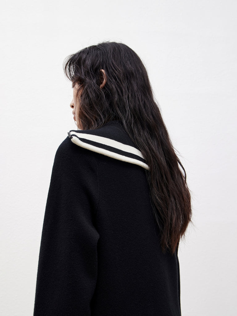 Black Wool Blend Navy Collar Sweater Dress