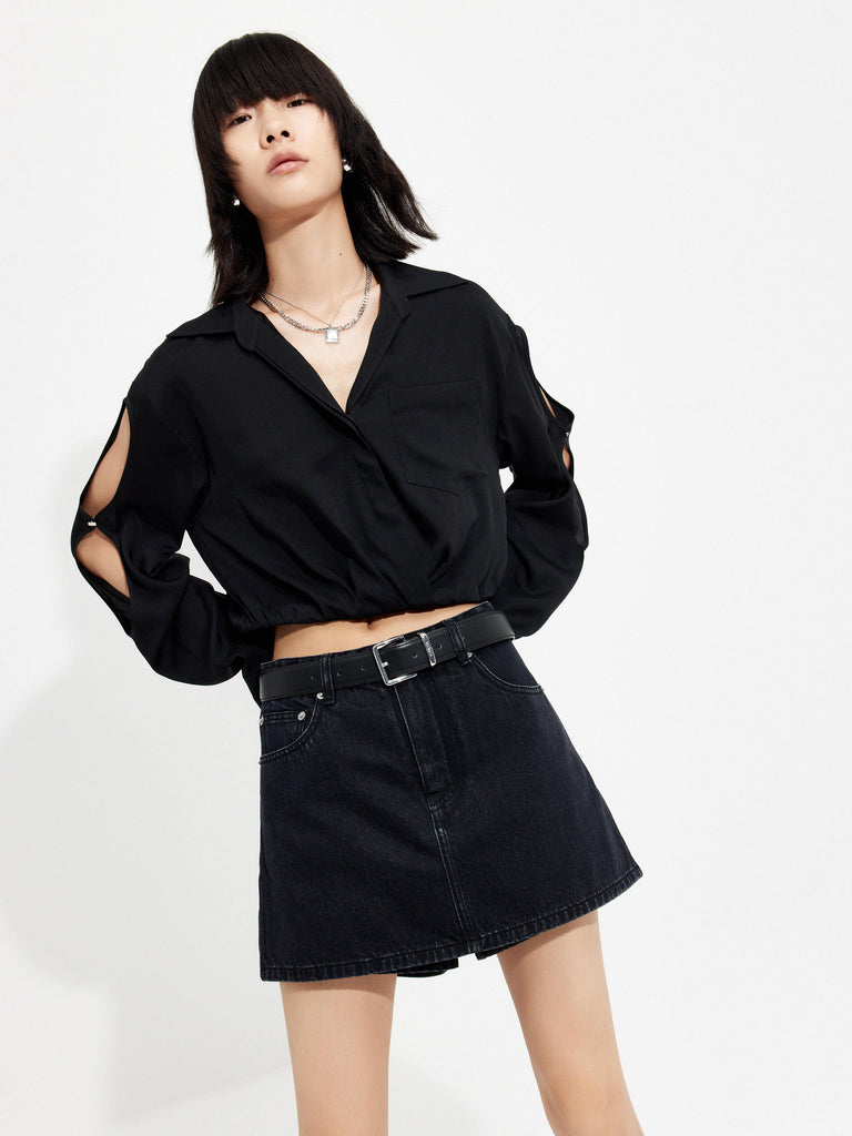 MO&Co. Women's Cutout Sleeve Cropped Collared Top in Black