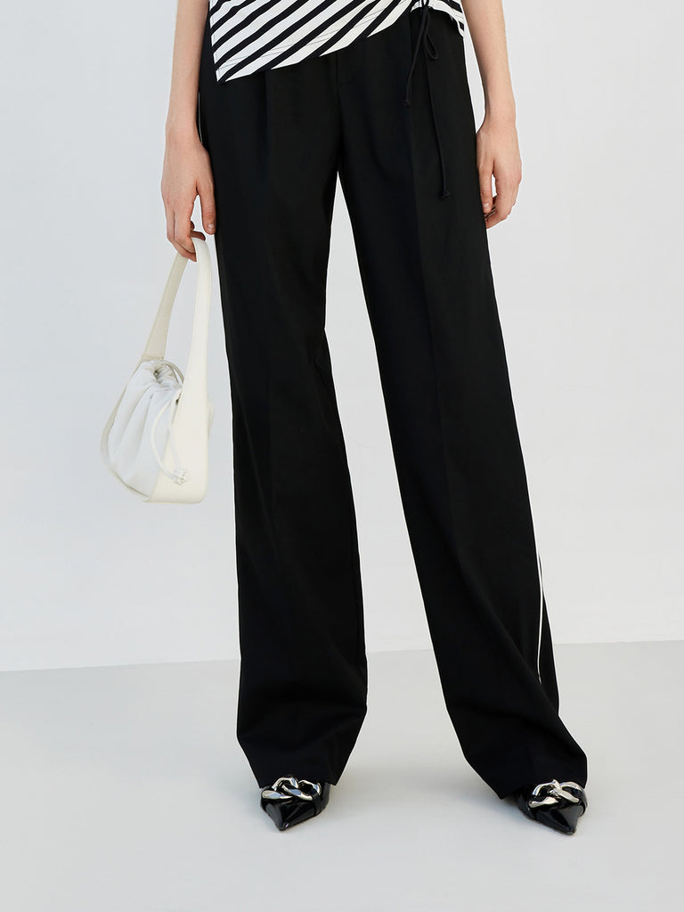 Wide Logo Waistband Straight Athleisure Pants Trousers in Black