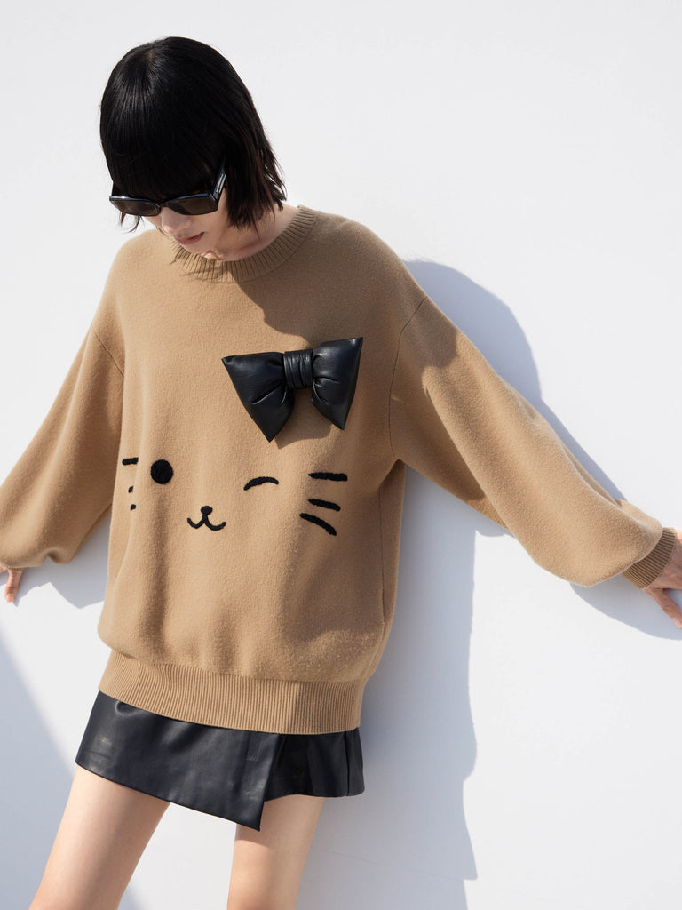 Wool Blend Detachable Bow Cat Jacquard Sweater Pullover in Camel