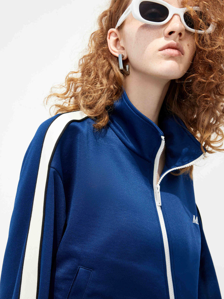 Cotton Blend Contrast Cropped Athleisure Jacket in Blue