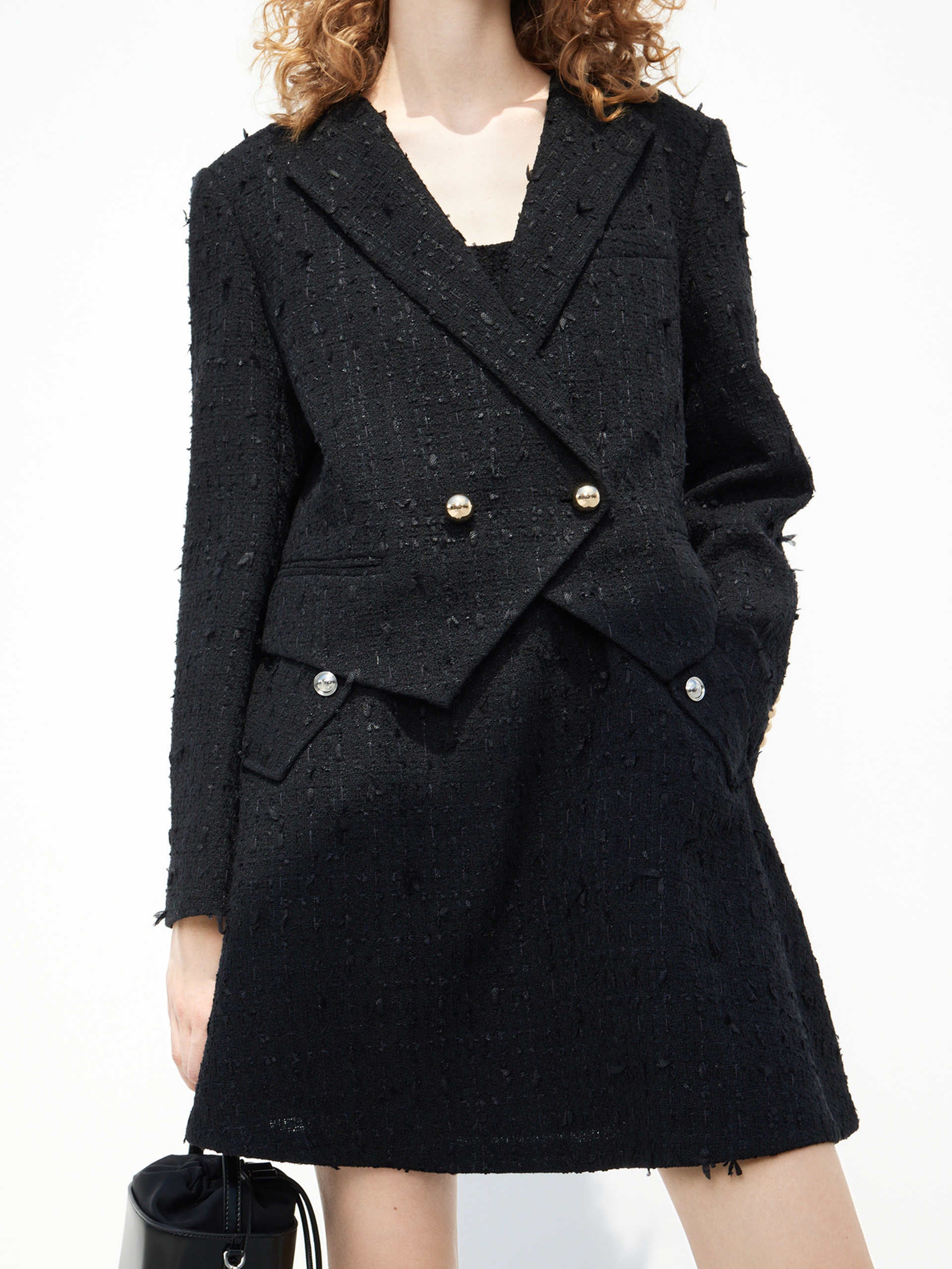 Textured Cropped Tweed Jacket in Black