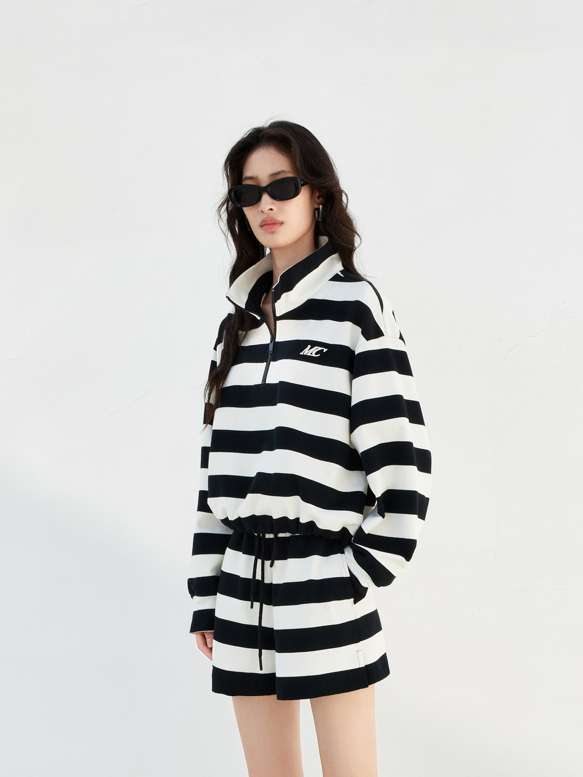 Black Striped Logo Cotton Athleisure Long Sleeves Top