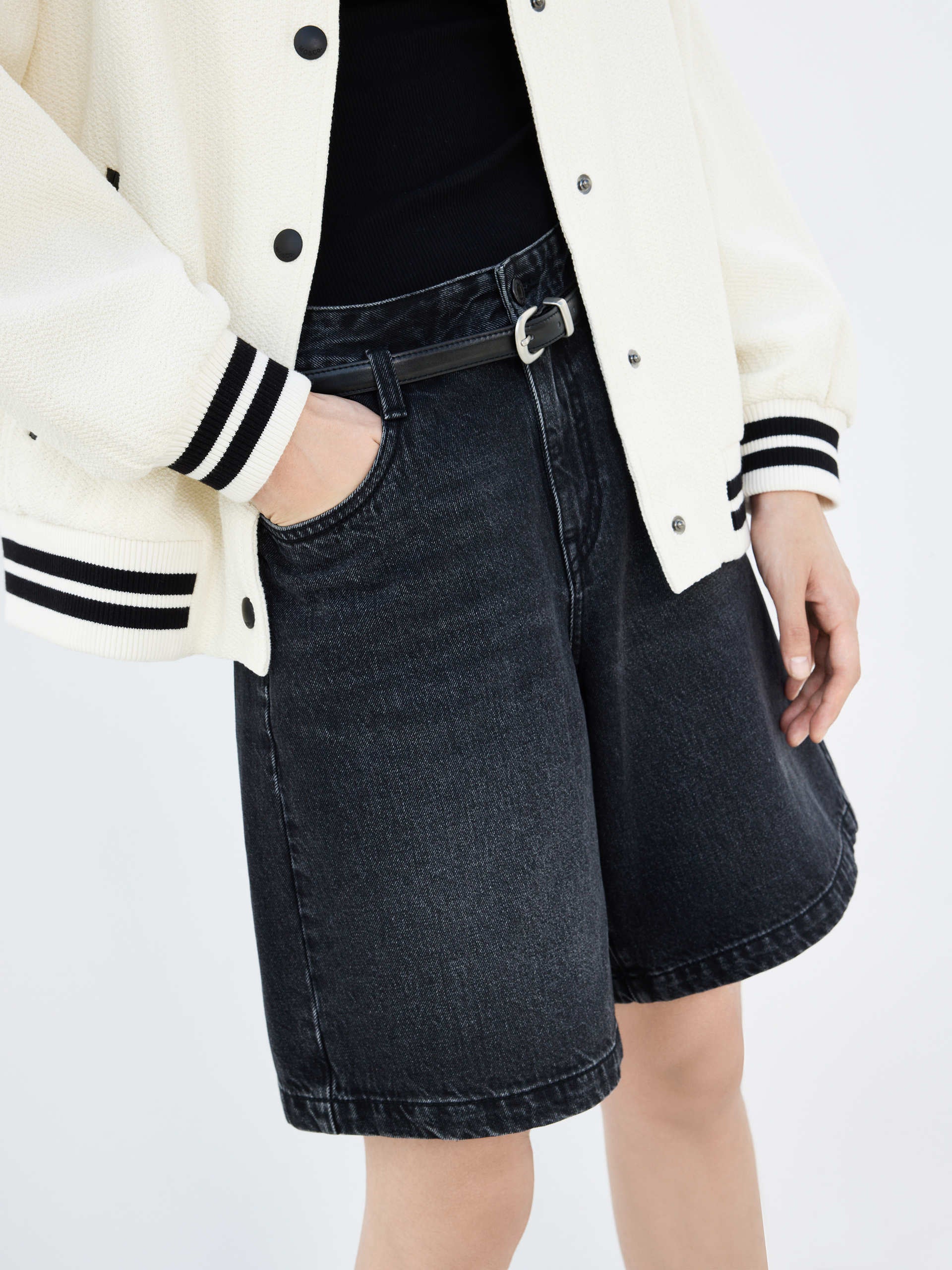 High Rise Black Cotton Denim Shorts