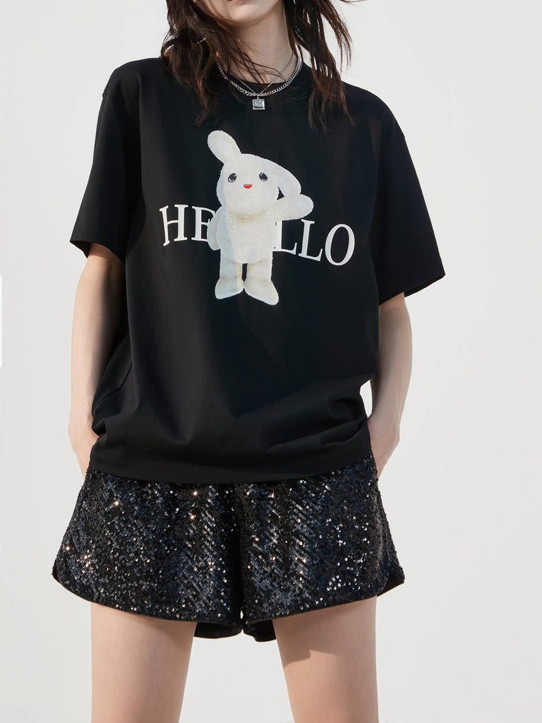 Short Sleeves Rabbit Pattern Cotton Relaxed Fit Causal T-shirt in Black