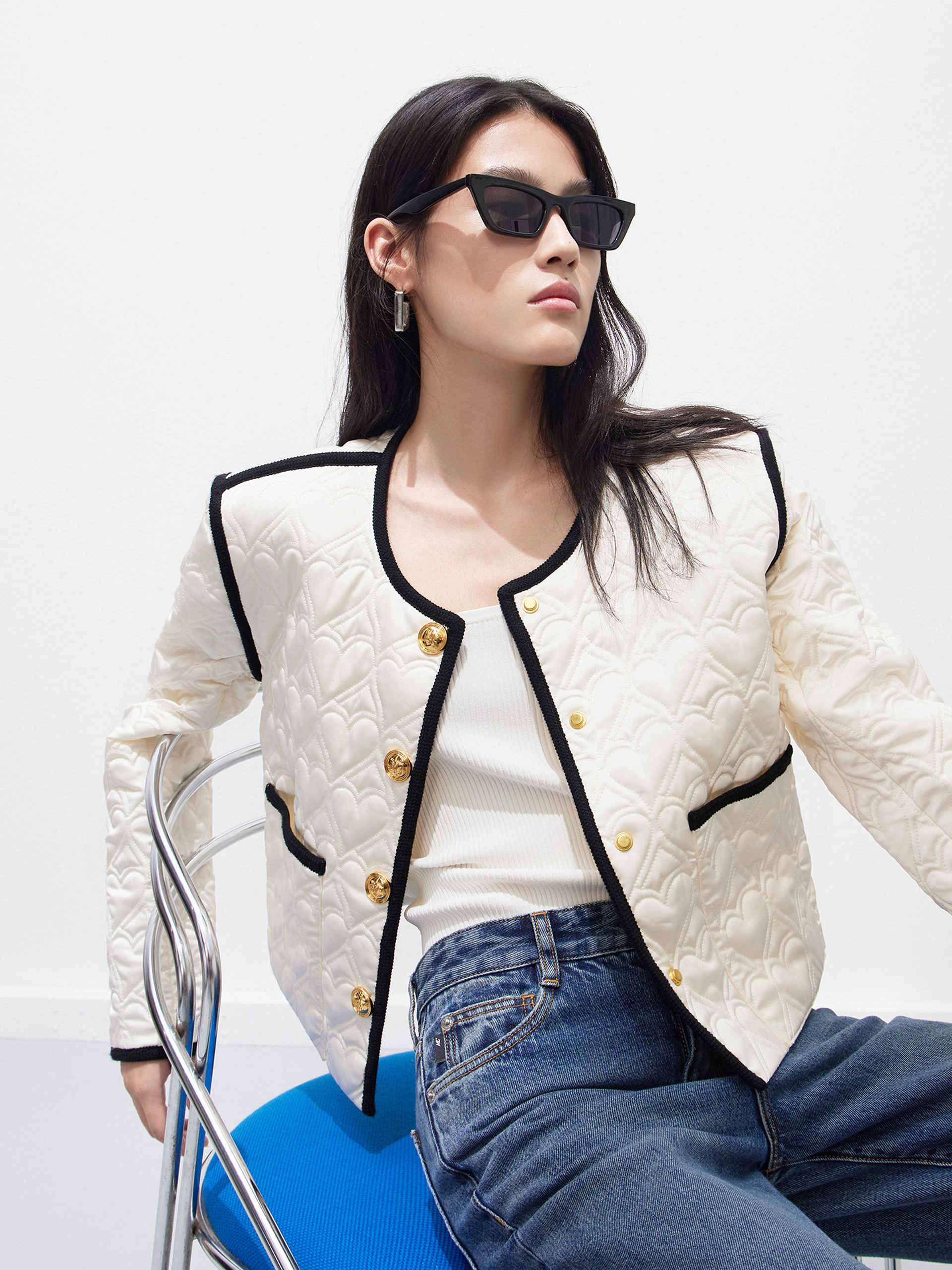 Heart Quilted Contrast Trim Cropped Jacket in Beige