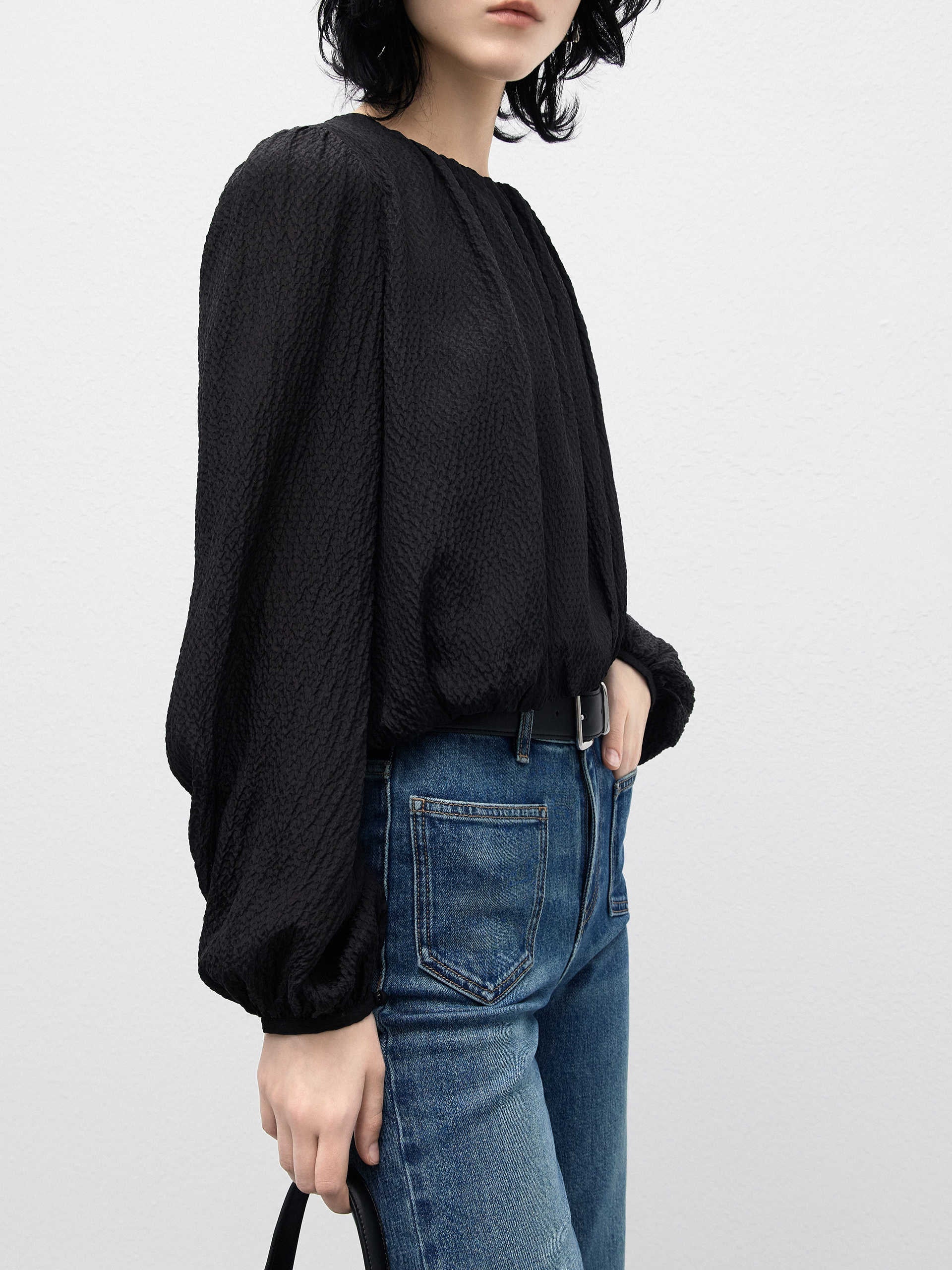 Silk-blend Texture Crop Black Volume Sleeves Top