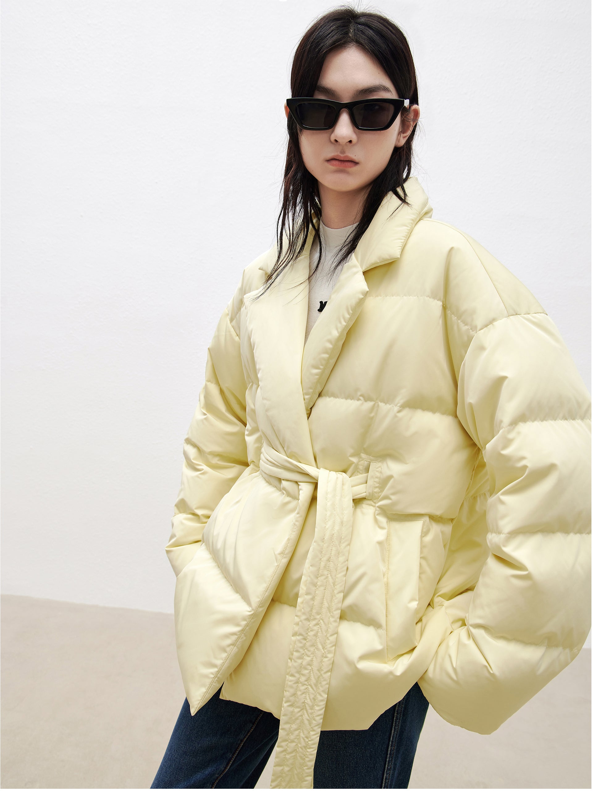 Yellow Lapel Collar Puffer Down Jacket with Belt