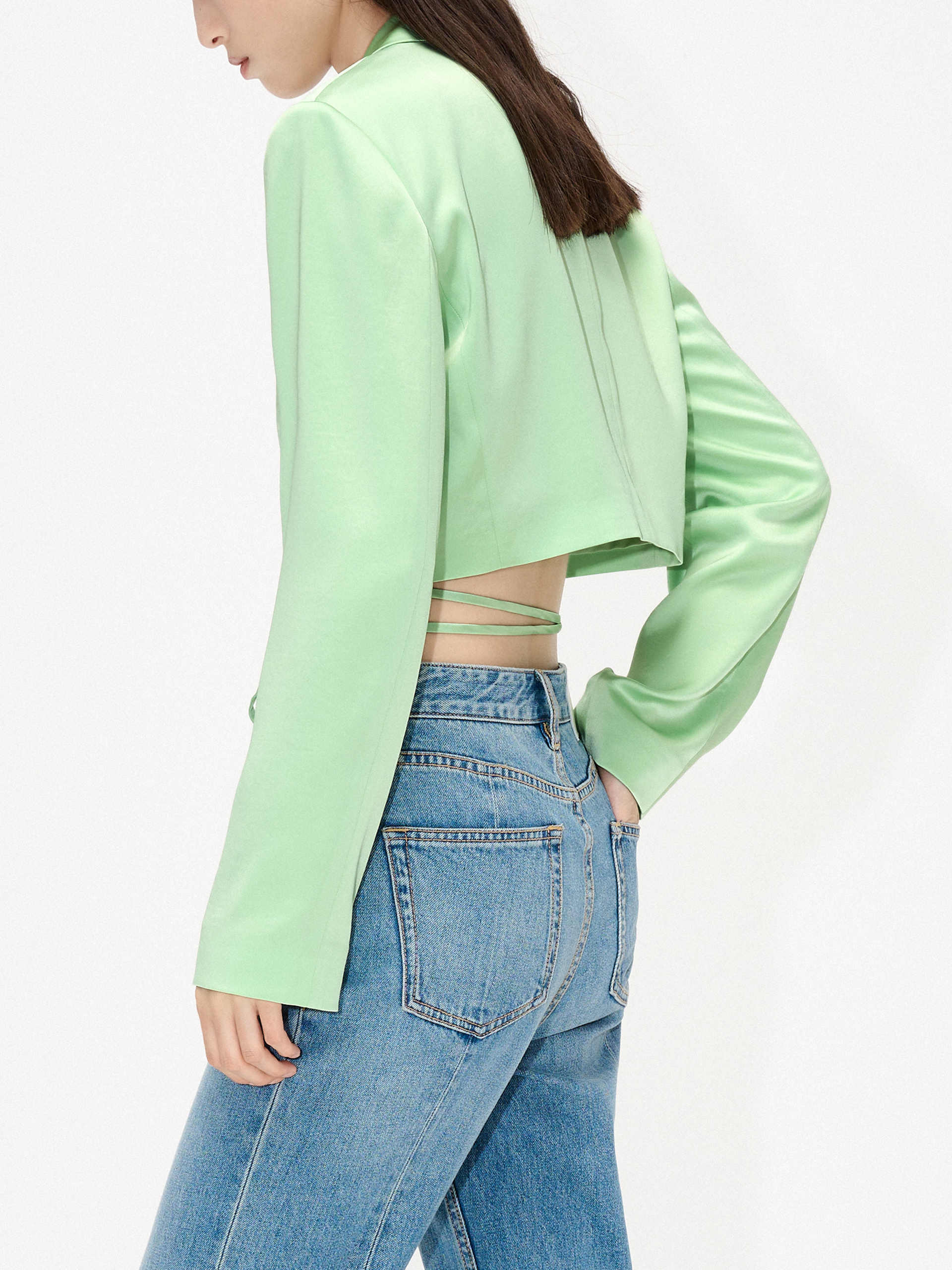 MO&Co. Women's Strap Details Satin Cropped Blazer in Mint