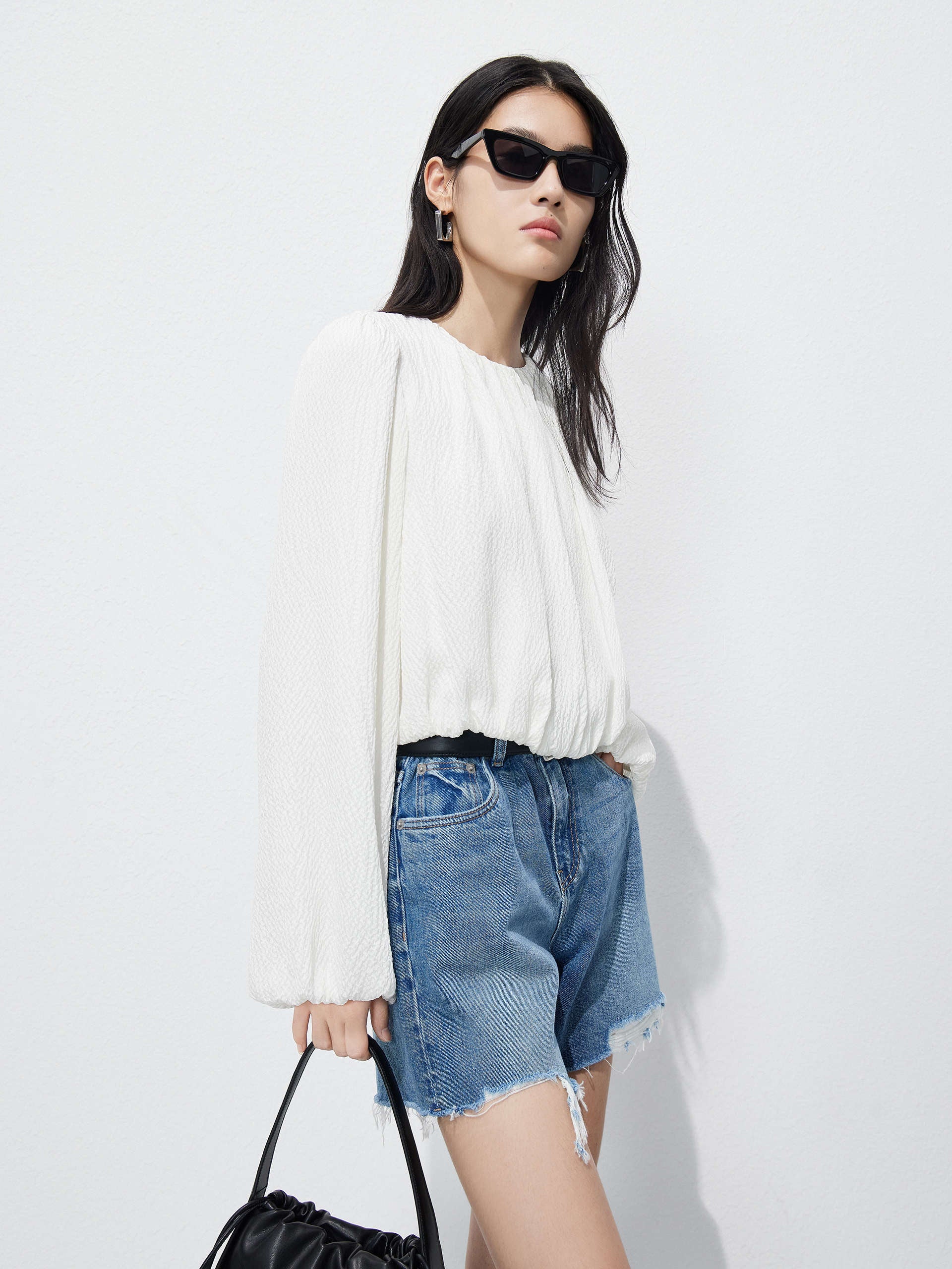 Silk-blend Texture Crop White Volume Sleeves Top