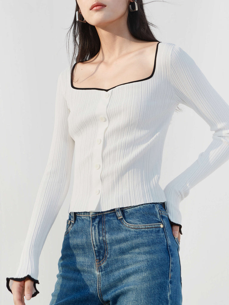 Heart Neckline Ribbed Slim Fit Knitted Top in Beige