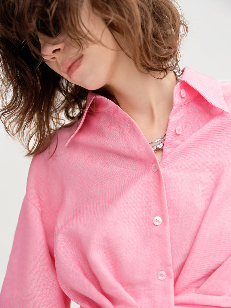 Women's Linen Blend Gathered Waist Cropped Shirt in Pink