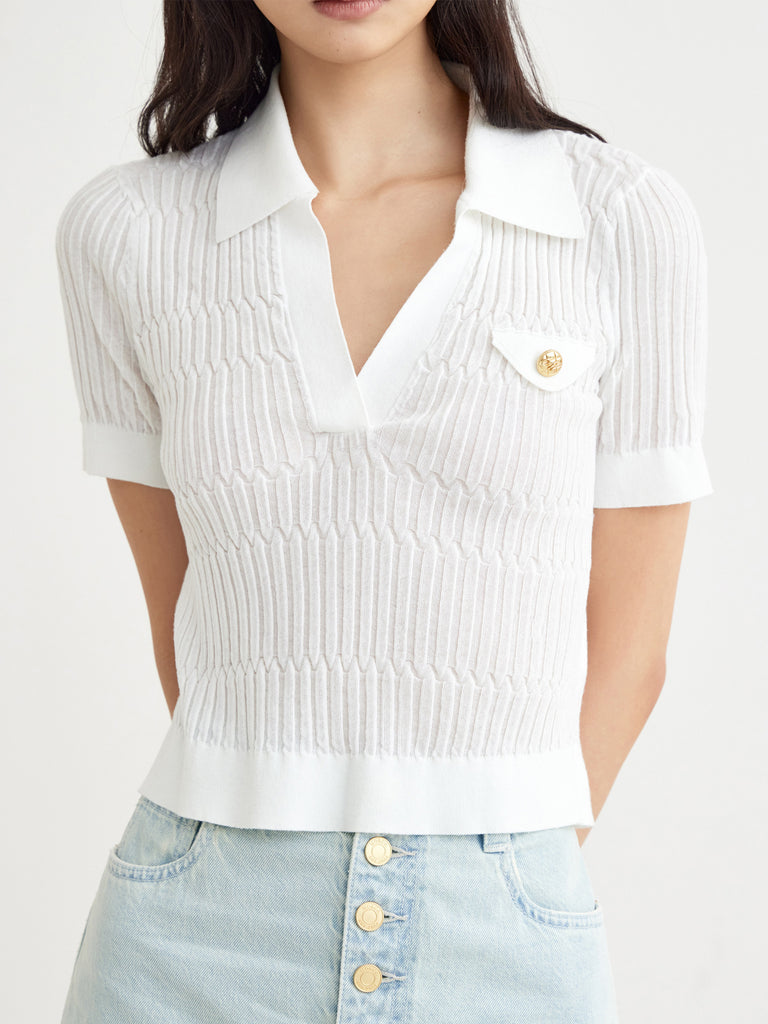 Women's Polo Collar Structured Short Sleeves Knitted Top in White