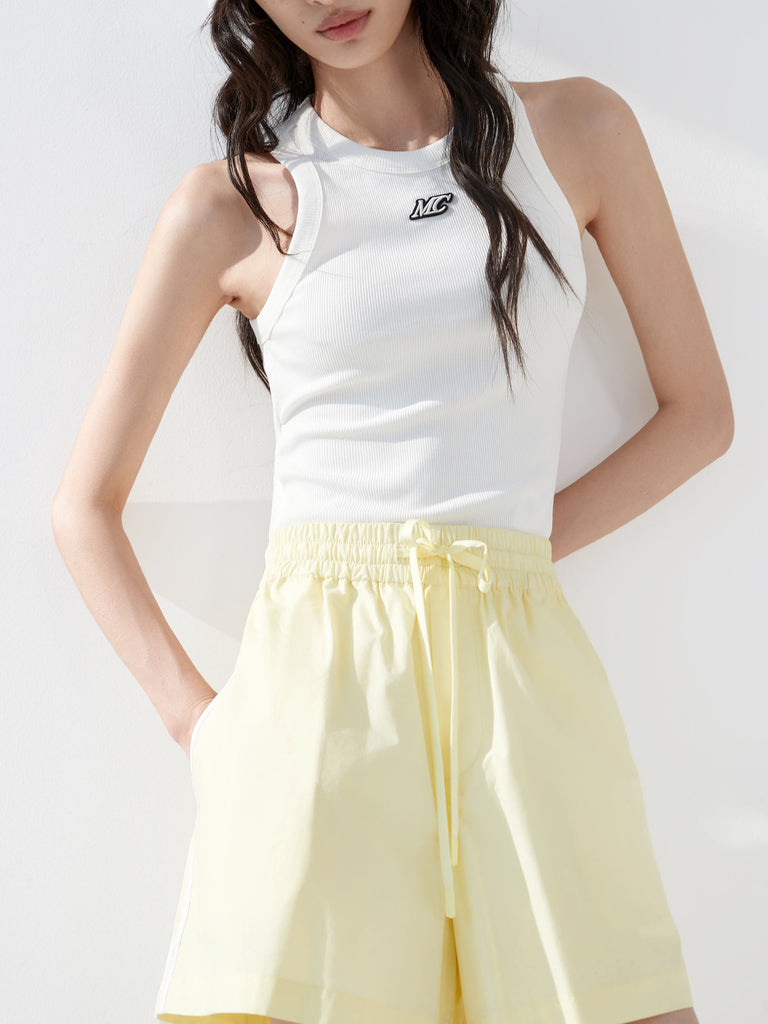 Contrast Trim Drawstring Athleisure Causal Shorts in Yellow