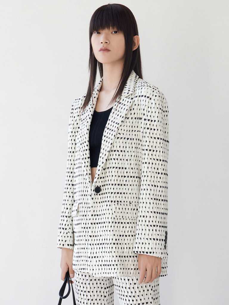 MO&Co. Women's Heart Print Ruched Blazer Loose Cool Lapel Oversized Blazer Outfit