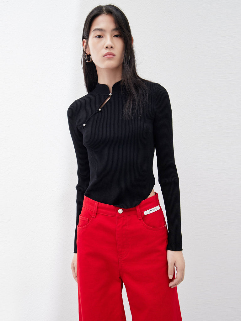 Black Cropped Ribbed Slim Fit Knit Top