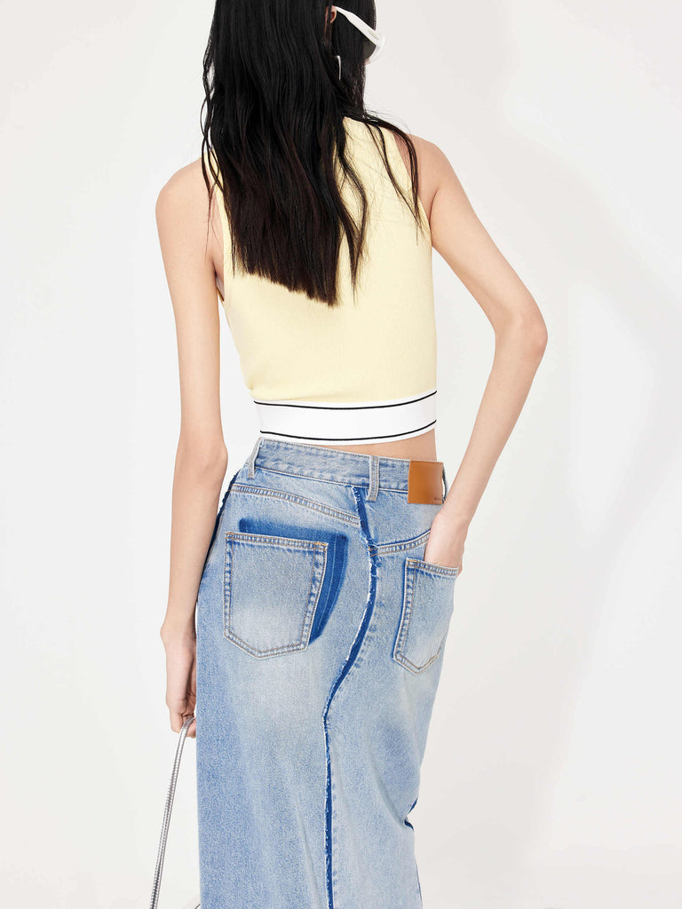 Women's Ribbed Contrast Hem Cropped Tank Top in Yellow