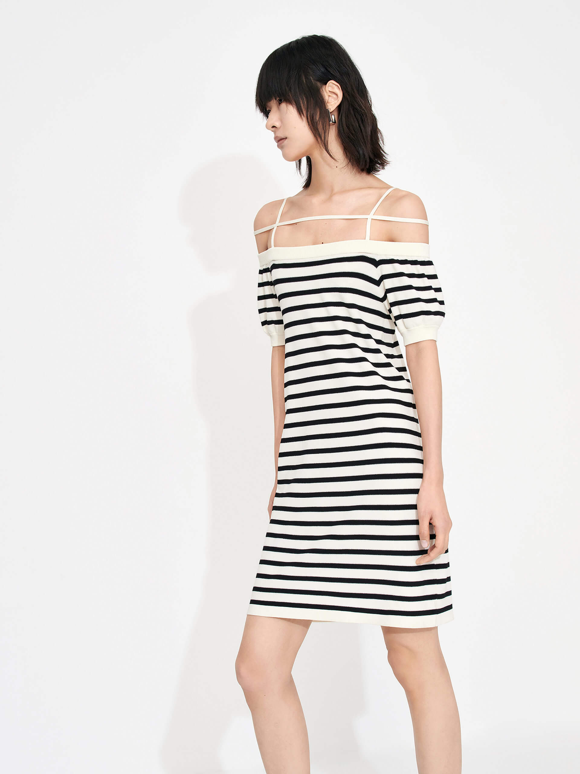 MO&Co. Women's Black and White Striped Strap Details Slim Fit Off Shoulder Mini Dress