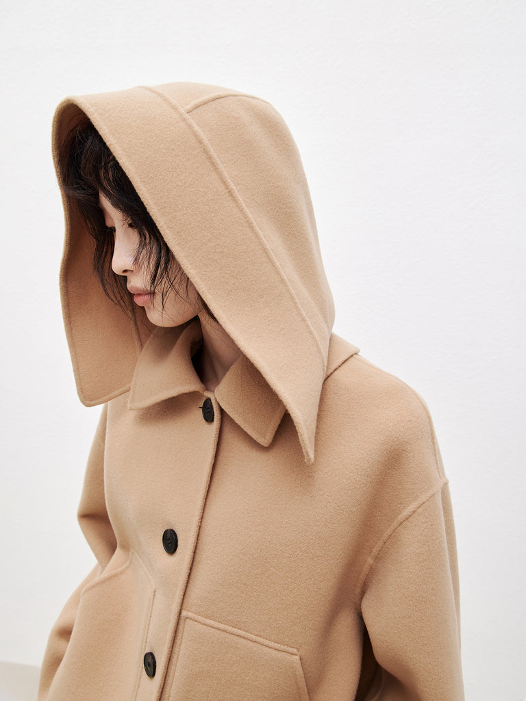 Camel Hooded Cropped Wool Coat
