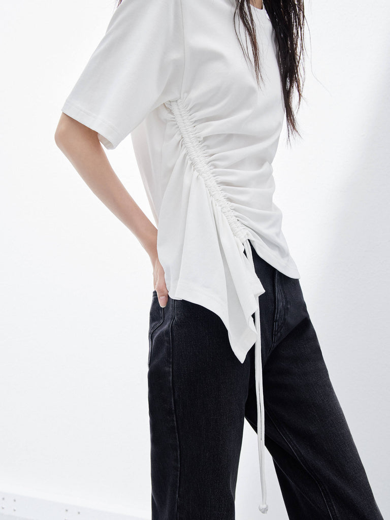 Women's Pleated Asymmetrical Hem Cotton T-shirt with Drawstring in White