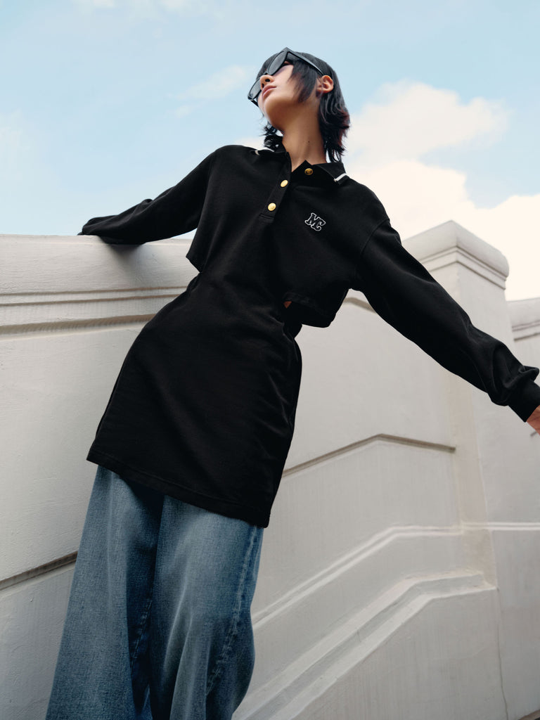 Cutout Waist Causal Cotton Mini Dress with Polo Collar in Black