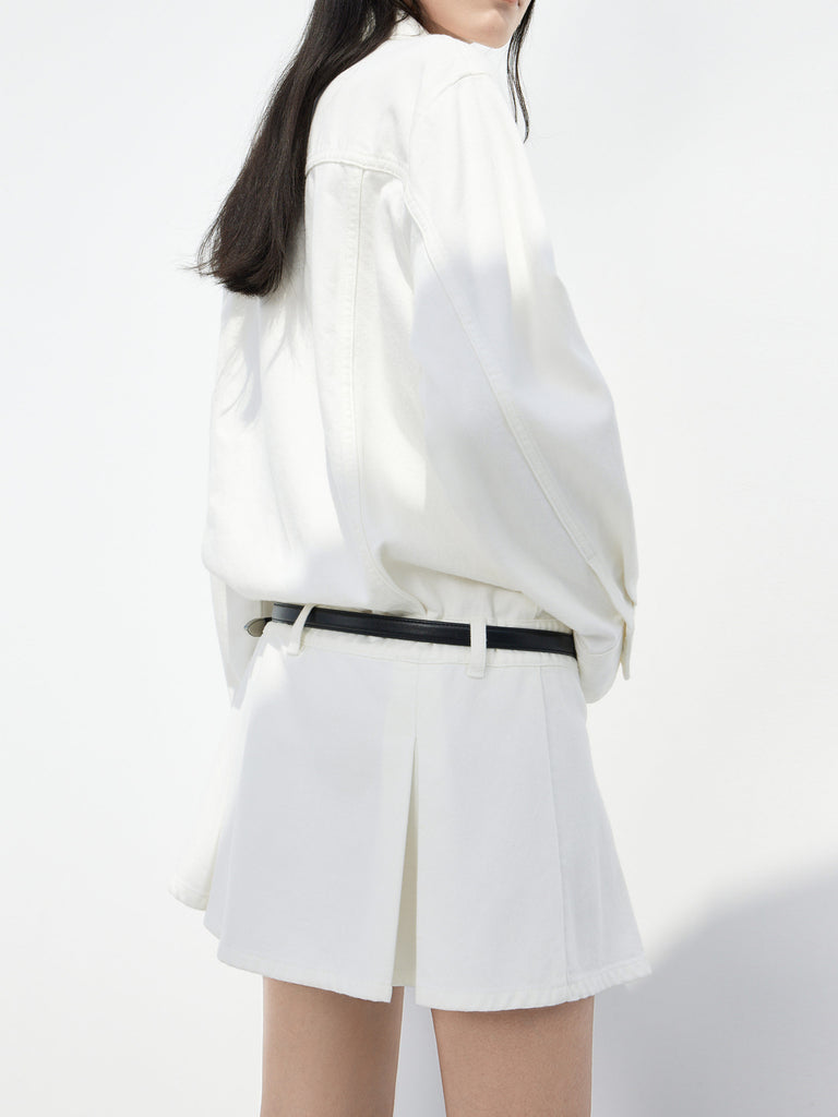  Long Sleeves Mini Denim Shirt Low Waist Dress in White