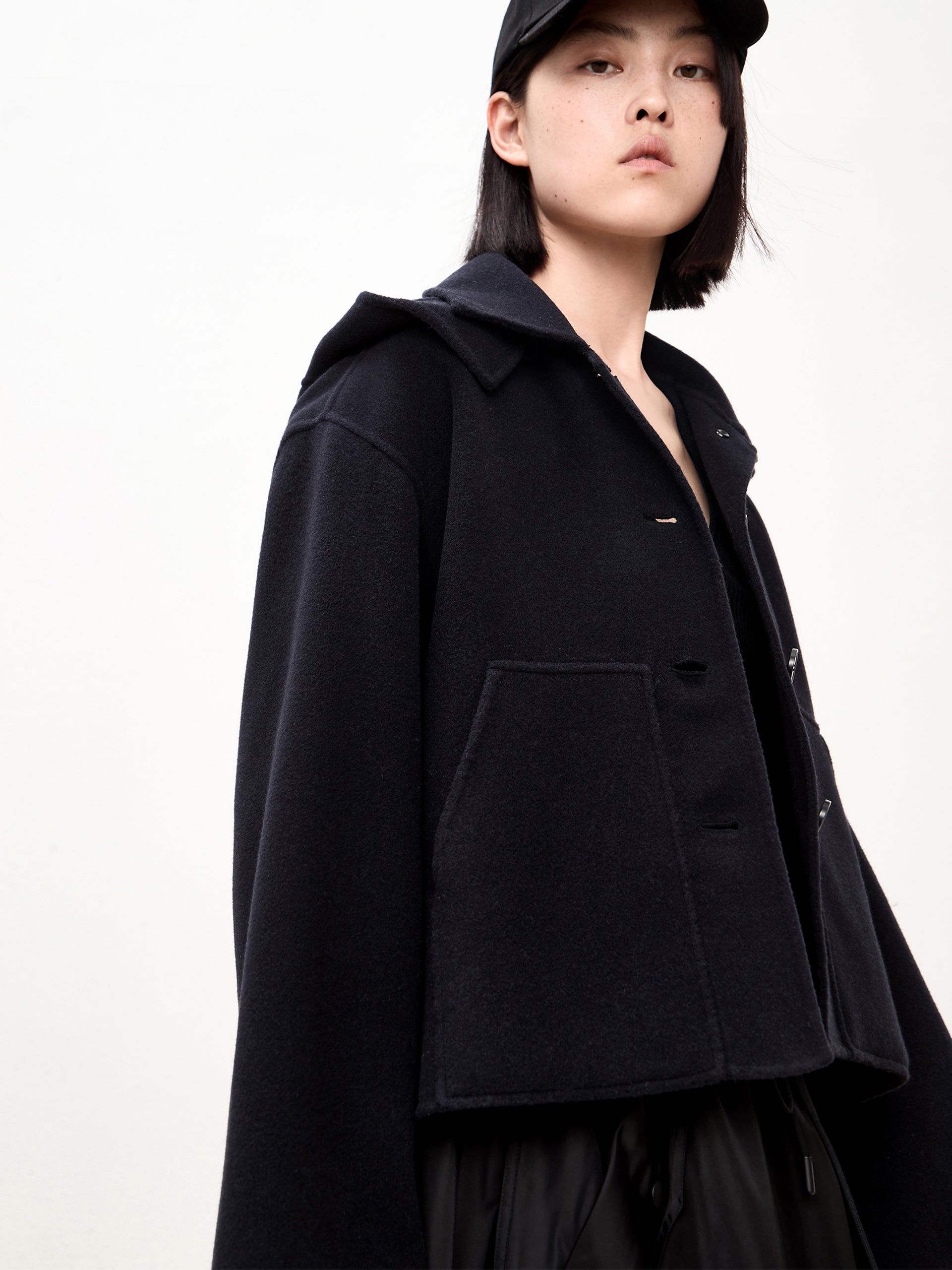 Black Hooded Cropped Wool Coat