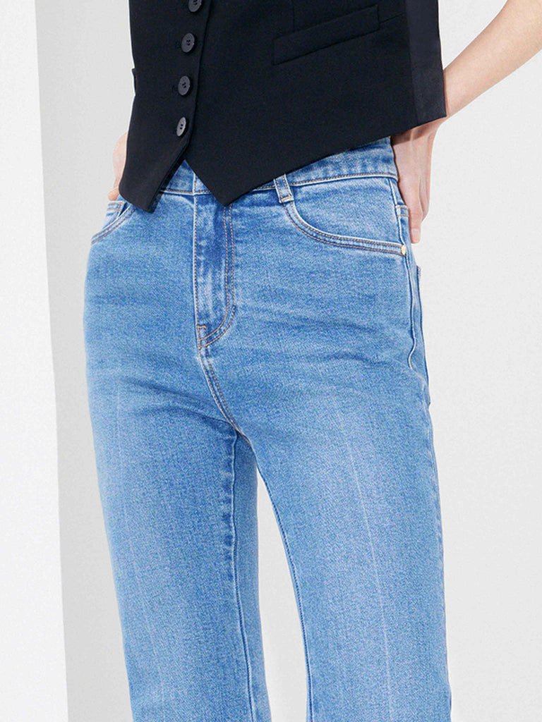 Experience MO&Co.'s Women's Full Length Flared Jeans - featuring flared legs, button and zip closure, five-pocket design, whiskered effect and belt loops alongside a leather logo patch at back waistband.