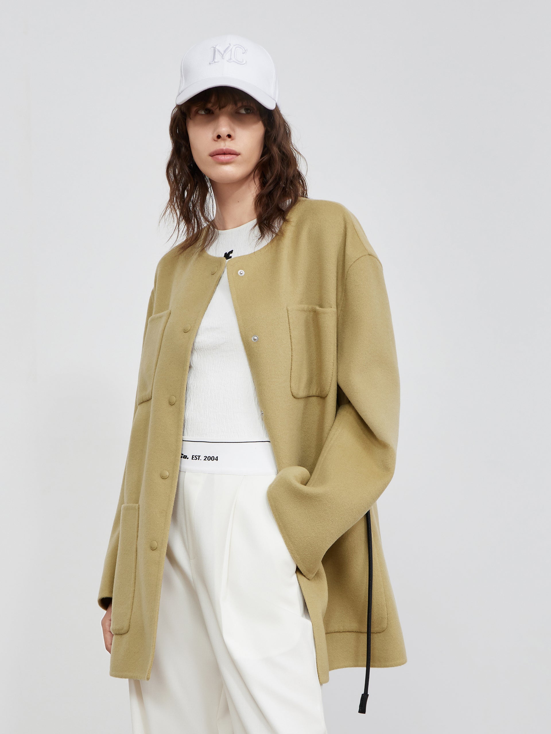 MO&Co. Women's Collarless Coat in Wool Loose Casual Lapel Longline Coat