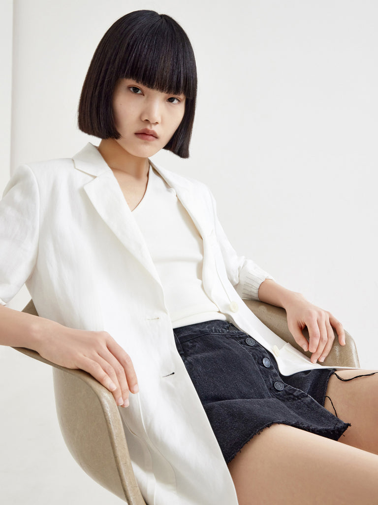 MO&Co. Women's Linen Blend Midi Sleeved Blazer Loose Casual Lapel Long Blazer Coat Womens