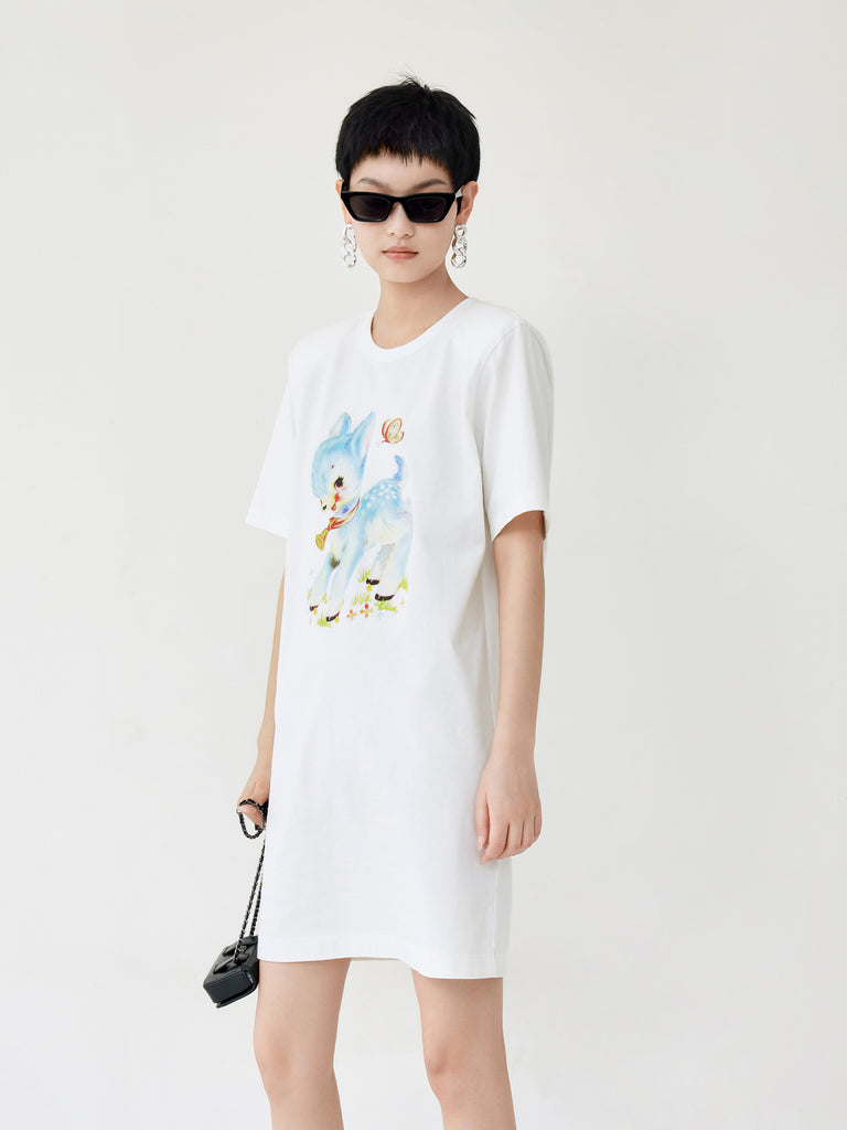 MO&Co. Women's Cartoon Print T-shirt Dress Loose Casual Round Neck White