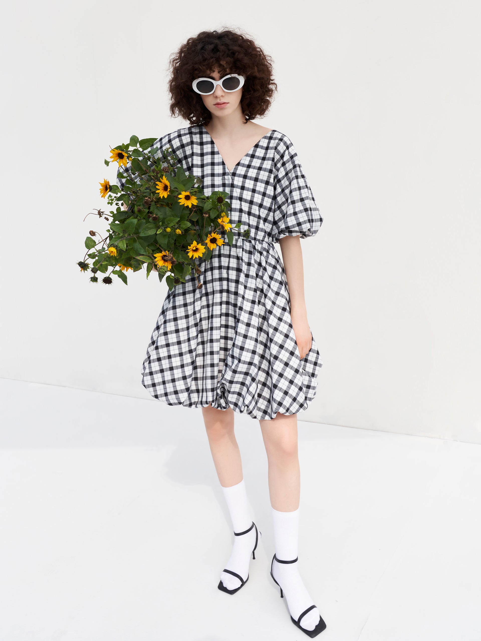 Puff Sleeved V-Neck Checkered Dress MO&Co.