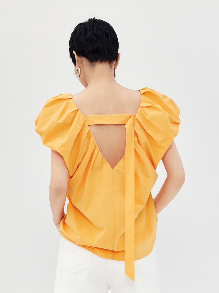 Pleated V-Neck Top with Cut-out MBB2TOPT24