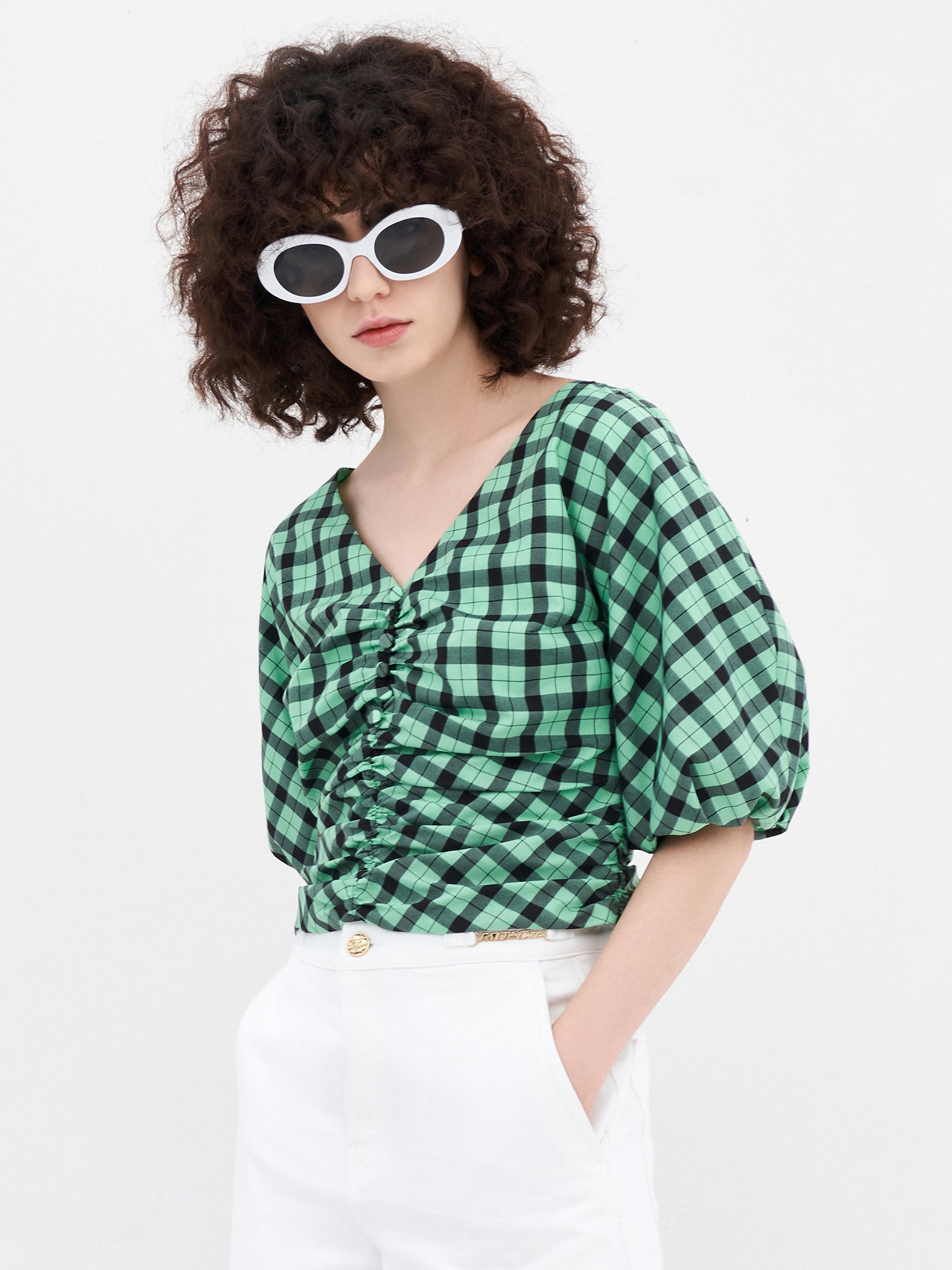 V-Neck Ruched Checkered Top MO&Co.