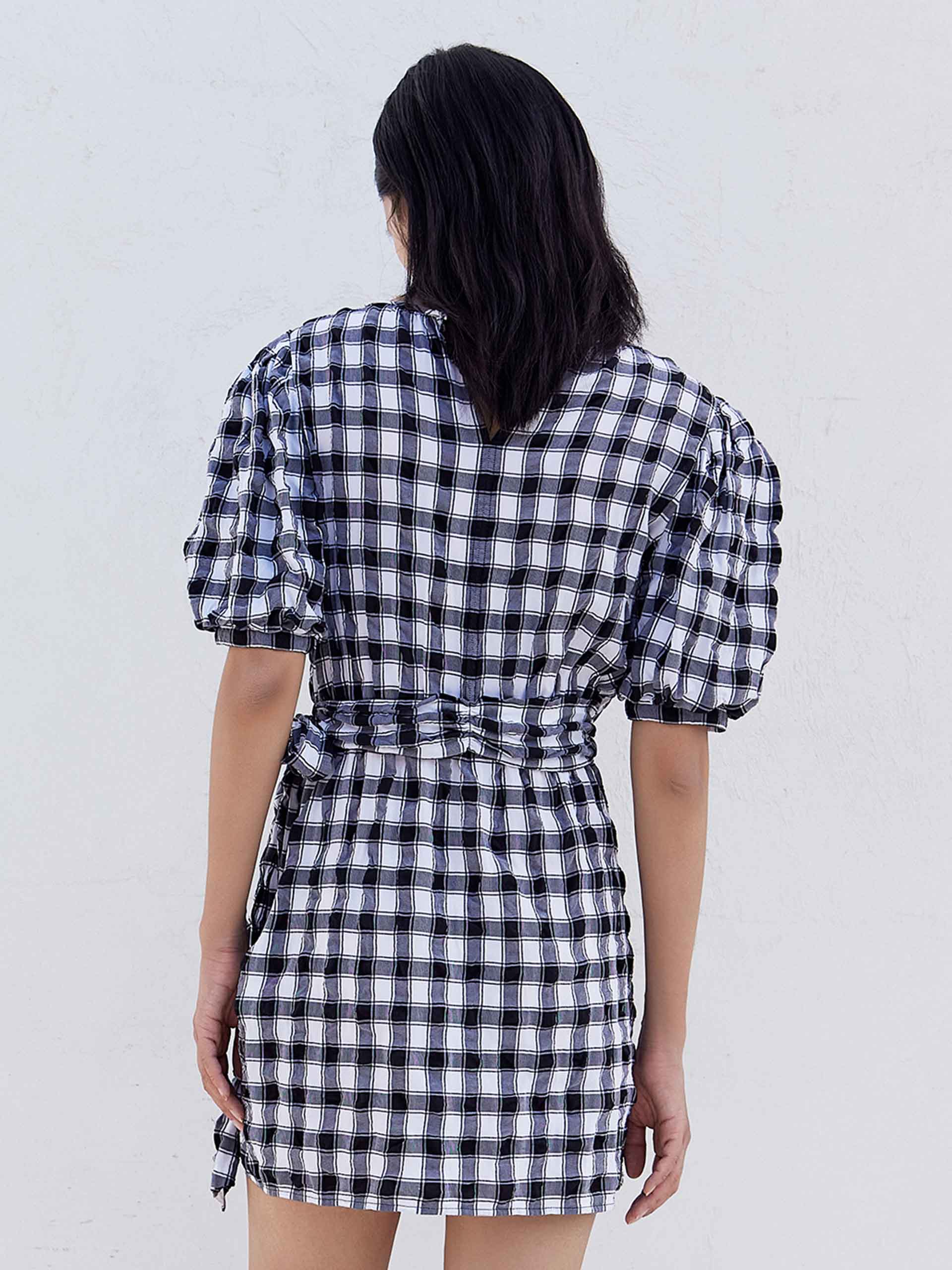 MO&Co. Women's Plaid Shirt Dress with Knot Loose Casual V Neck Puff Sleeves