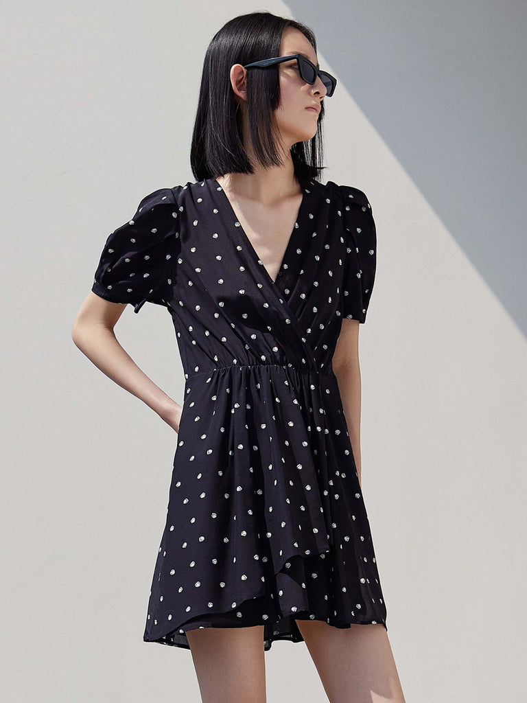 MO&Co. Women's Silk Polka Dot Dress Loose Casual V Neck Black Dress For Woman