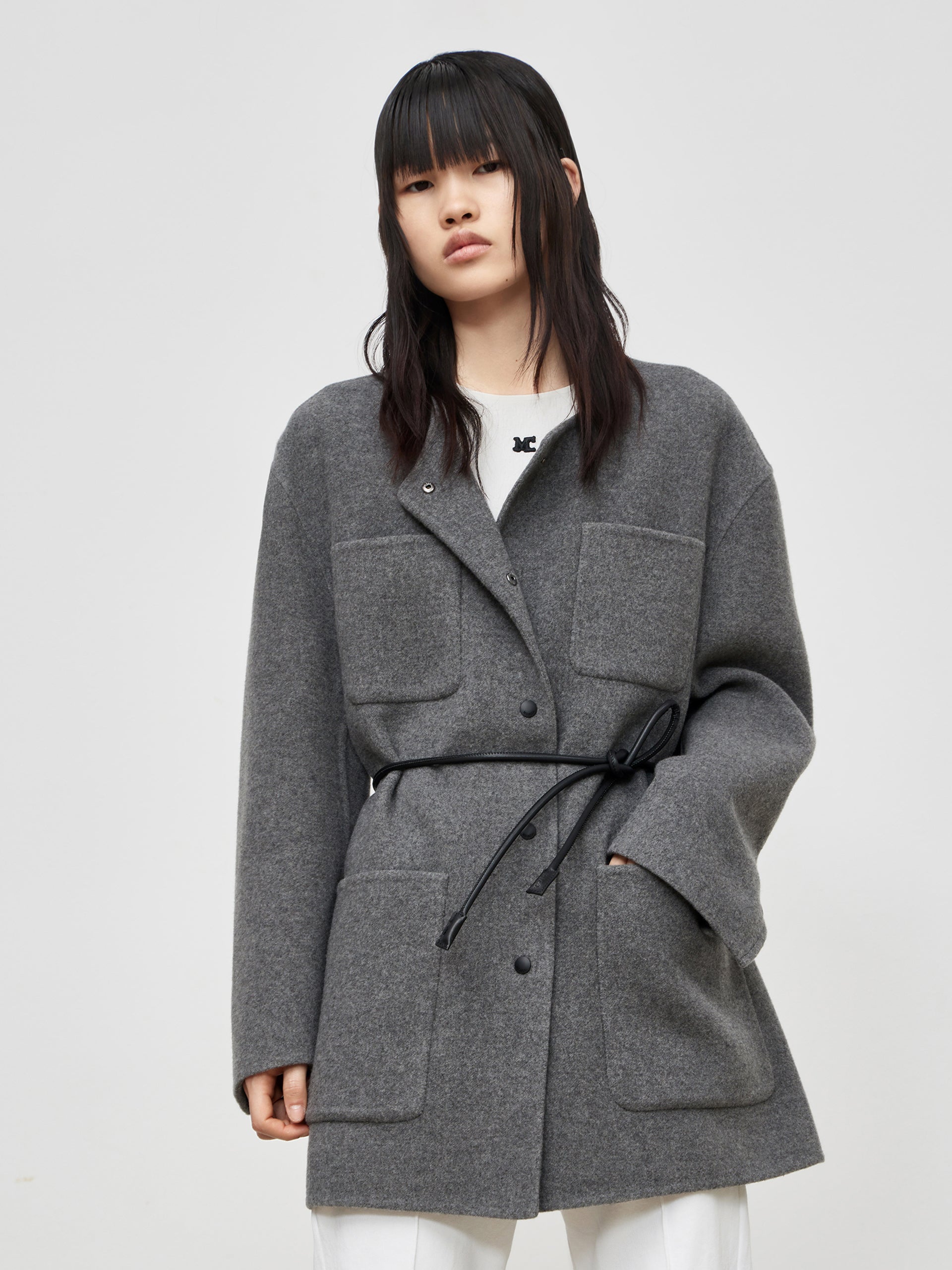 MO&Co. Women's Collarless Coat in Wool Loose Casual Lapel Longline Coat