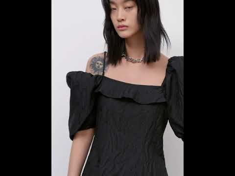 MO&Co. Women's Ruffle Neck Puff Sleeve Dress Black Summer Fitted Dress For Woman